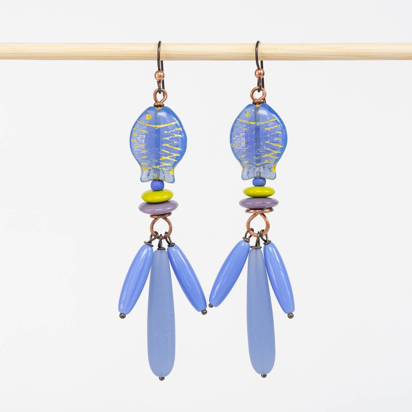 Long Beaded Drop Earrings - Fish - Cornflower Blue