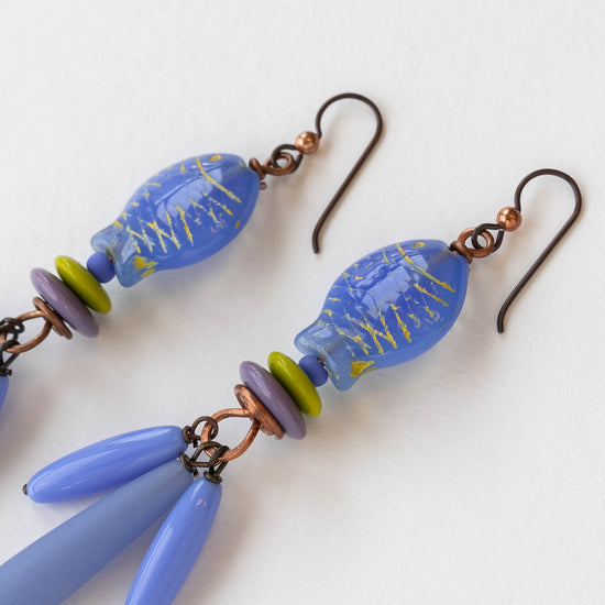 Long Beaded Drop Earrings - Fish - Cornflower Blue