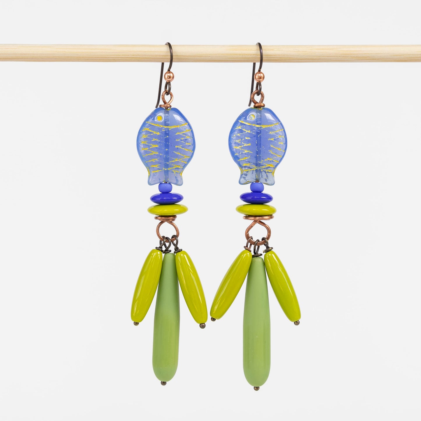 Long Beaded Drop Earrings - Fish - Lime Green and Blue