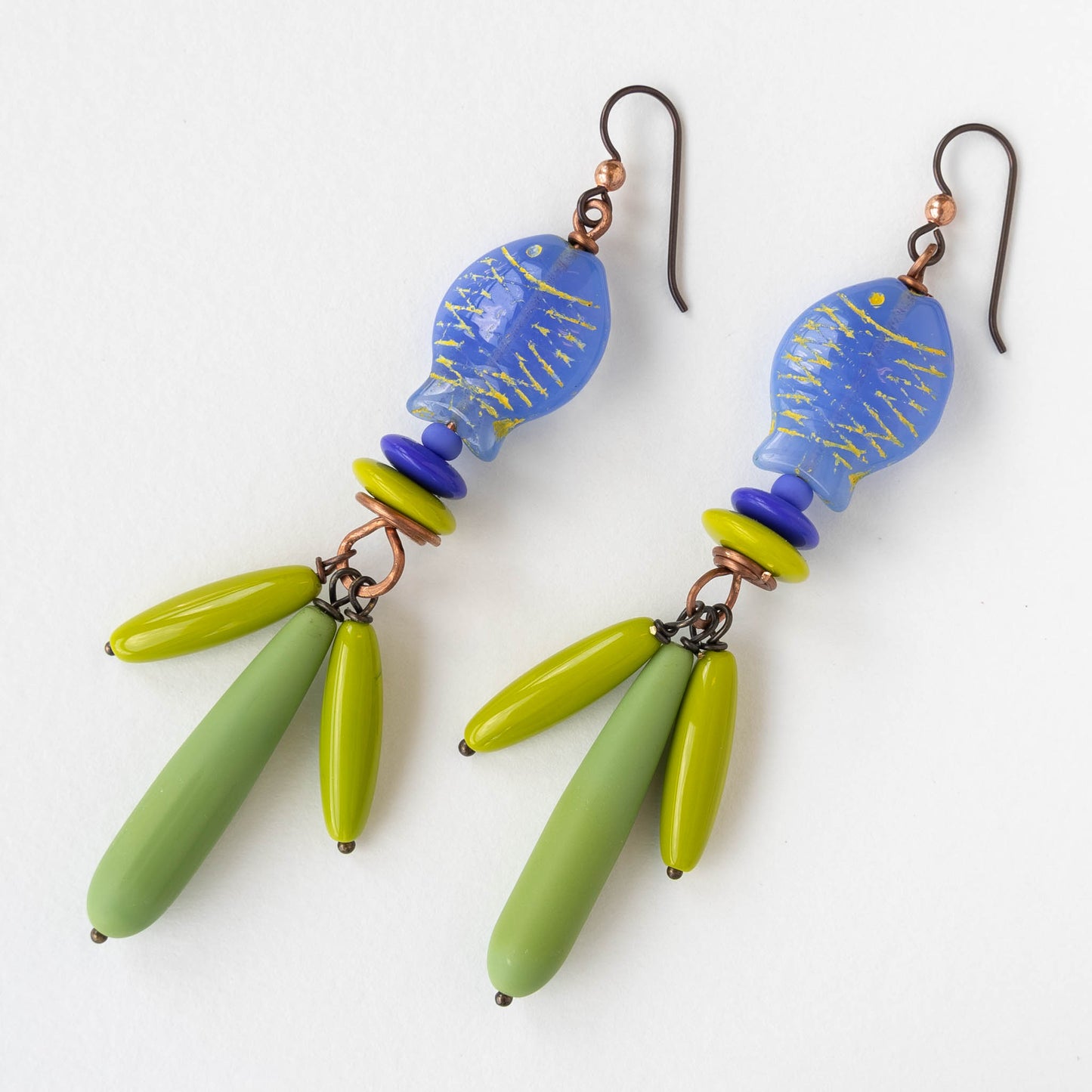 Long Beaded Drop Earrings - Fish - Lime Green and Blue