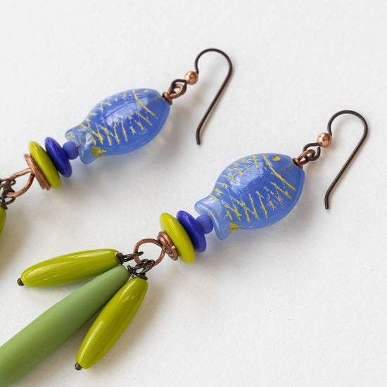 Long Beaded Drop Earrings - Fish - Lime Green and Blue