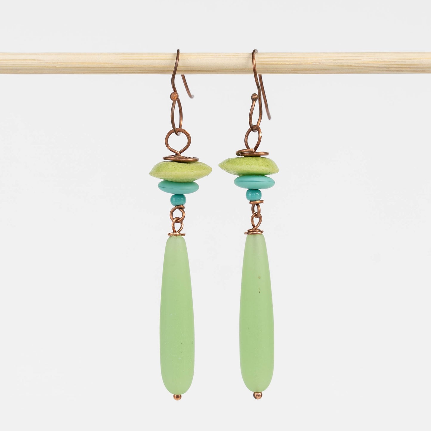 Long Beaded Drop Earrings - Green & Turquoise