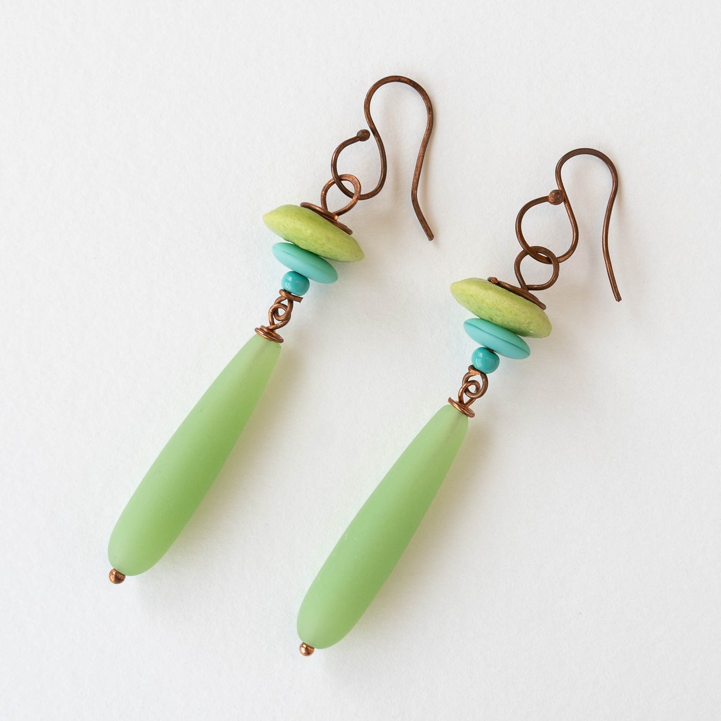 Long Beaded Drop Earrings - Green & Turquoise