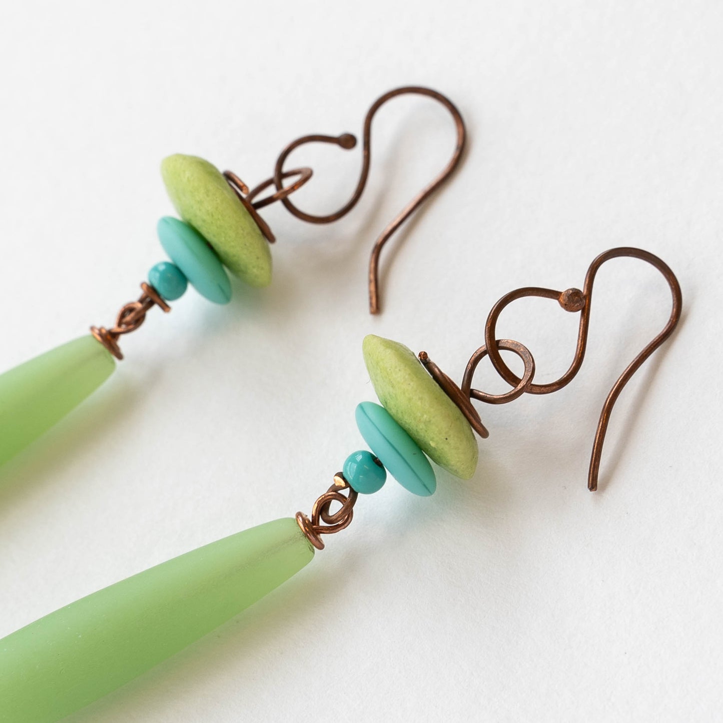 Long Beaded Drop Earrings - Green & Turquoise