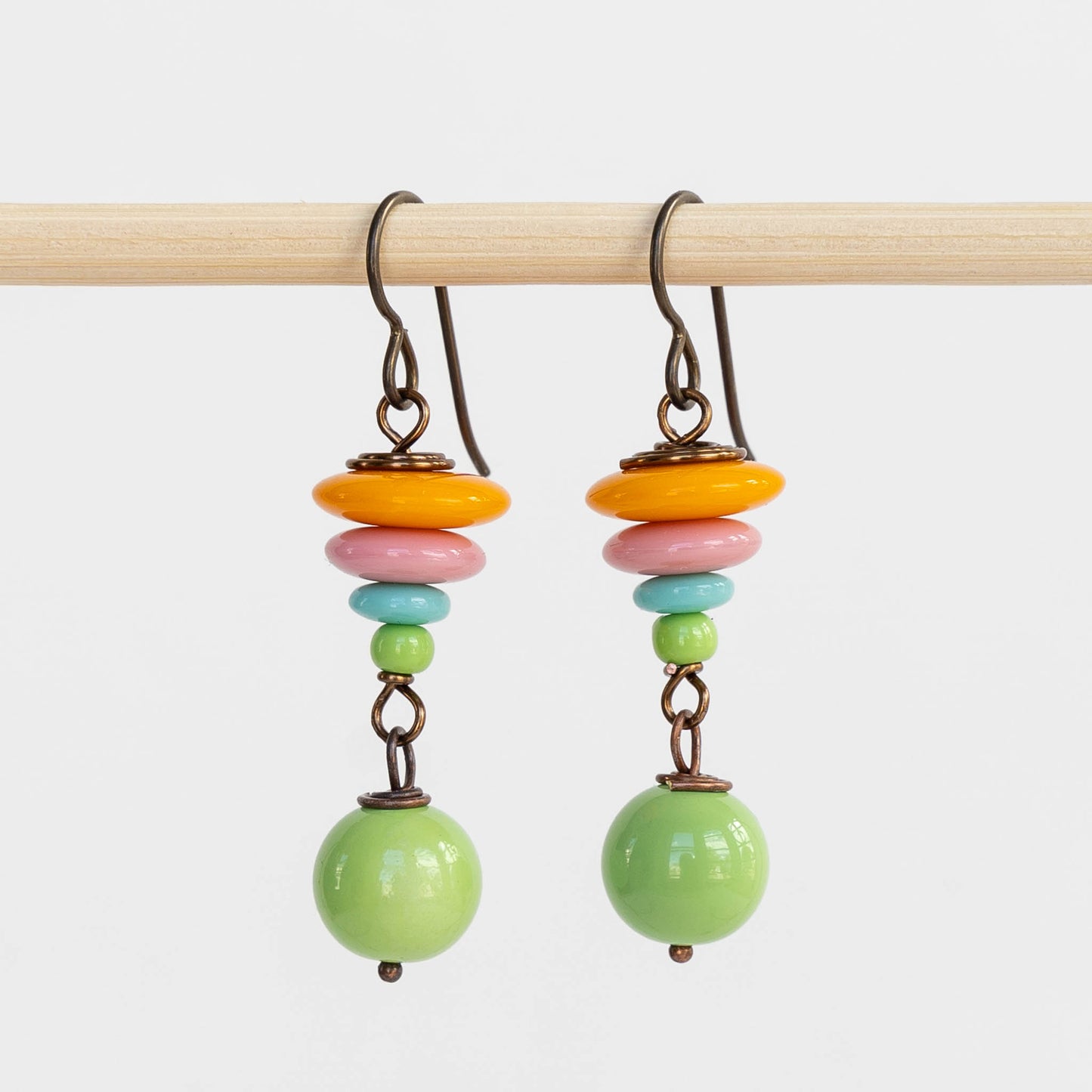 Beaded Dangle Earrings - Orange & Green