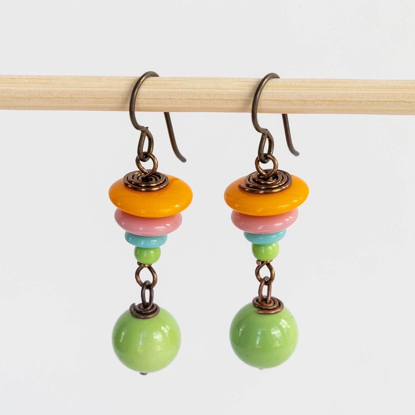 Beaded Dangle Earrings - Orange & Green