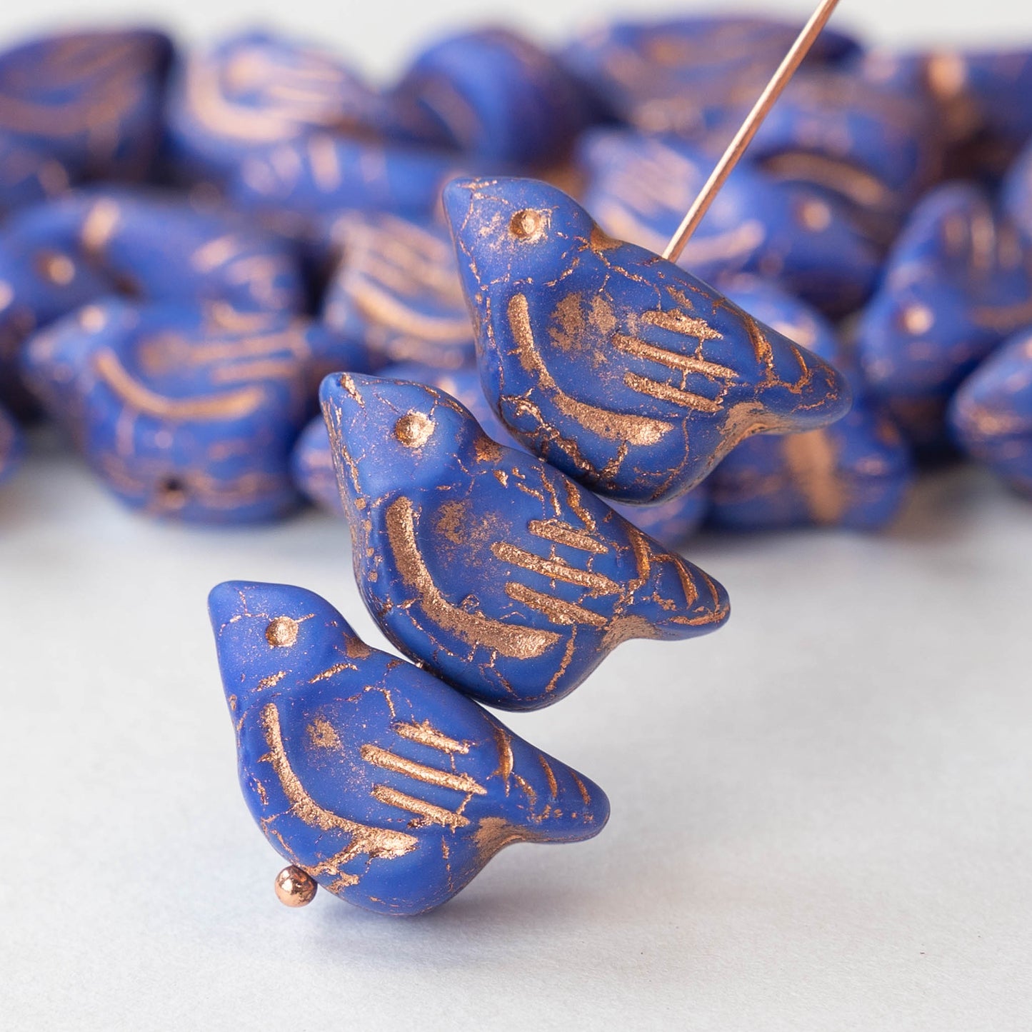 Bird Beads -  Blue with Copper Wash - 2 or 6 Birds