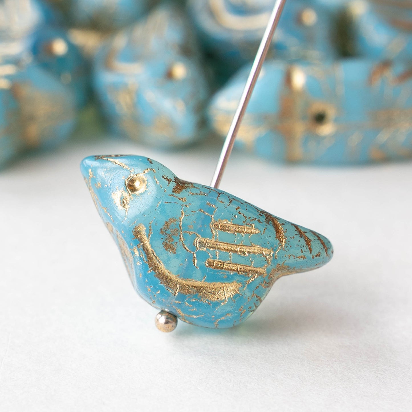 Glass Bird Beads - Blue with Gold Wash - 2 or 6 beads