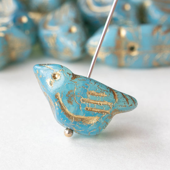 Glass Bird Beads - Blue with Gold Wash - 2 or 6 beads
