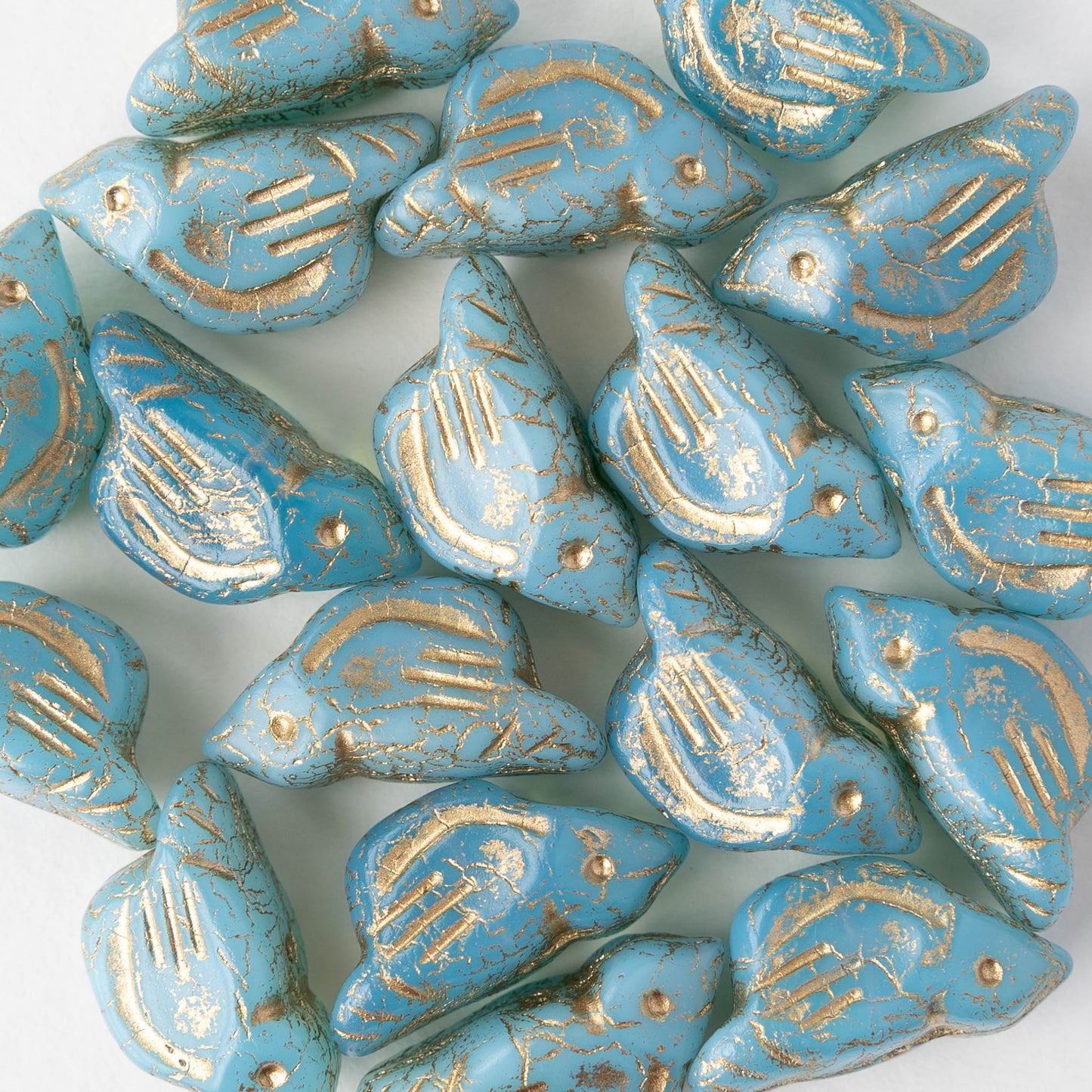 Glass Bird Beads - Blue with Gold Wash - 2 or 6 beads