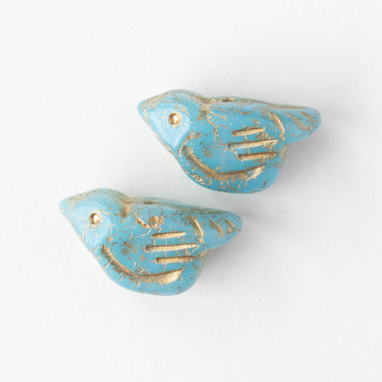 Glass Bird Beads - Blue with Gold Wash - 2 or 6 beads