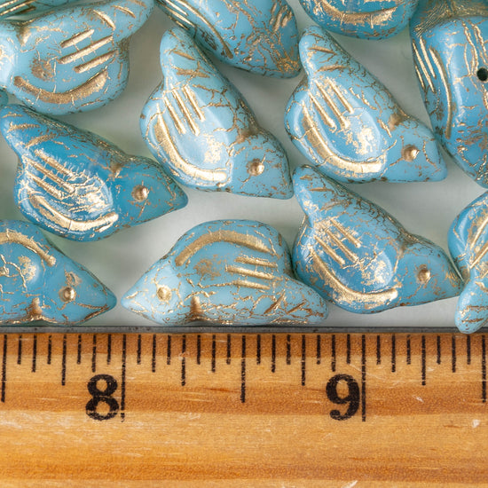 Glass Bird Beads - Blue with Gold Wash - 2 or 6 beads