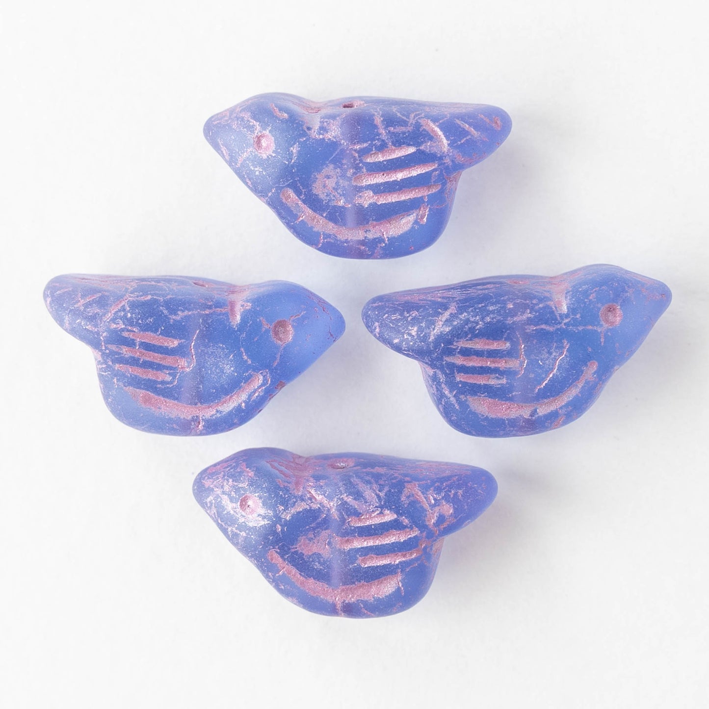Glass Bird Beads - Cornflower Blue with Pink Wash - 2 or 6 beads