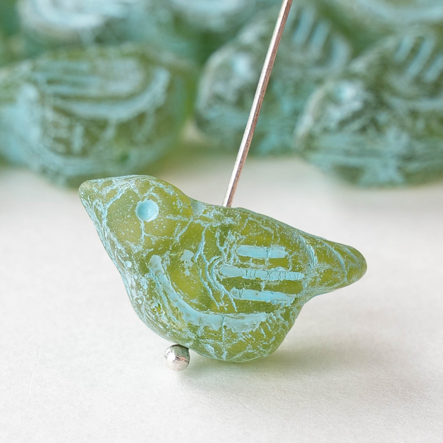 Glass Bird Beads - Green with Seafoam Wash - 2 or 6 beads