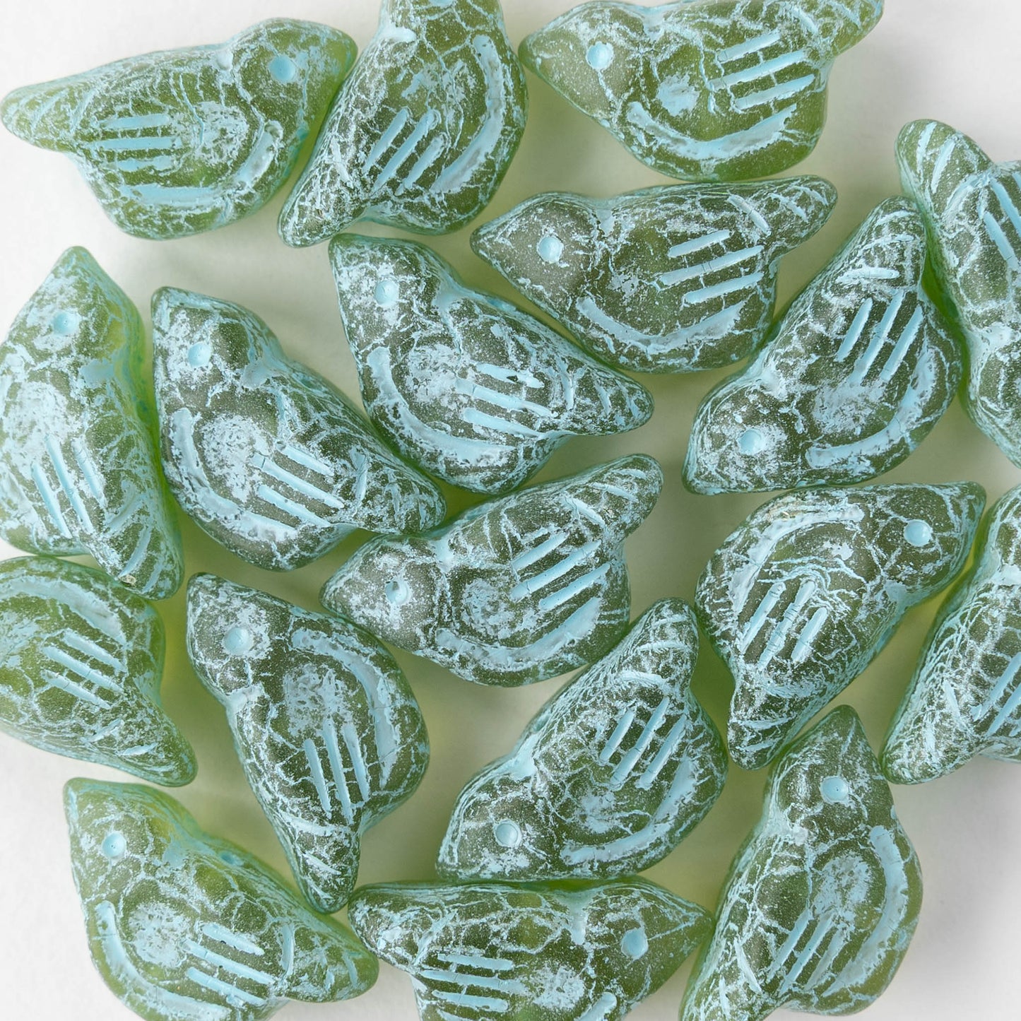 Glass Bird Beads - Green with Seafoam Wash - 2 or 6 beads