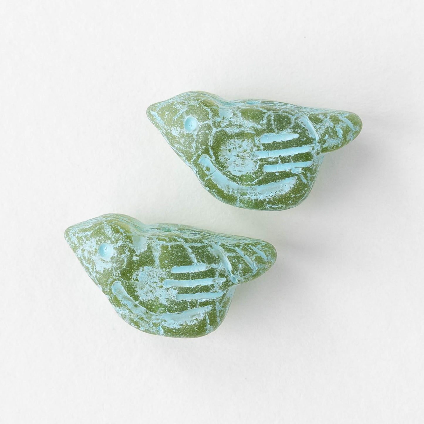 Glass Bird Beads - Green with Seafoam Wash - 2 or 6 beads