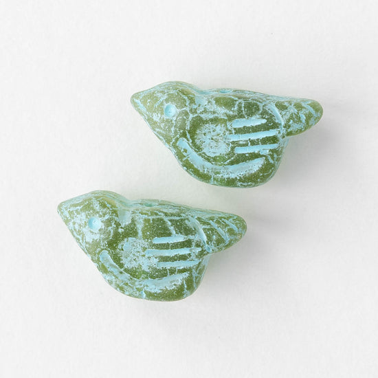 Glass Bird Beads - Green with Seafoam Wash - 2 or 6 beads