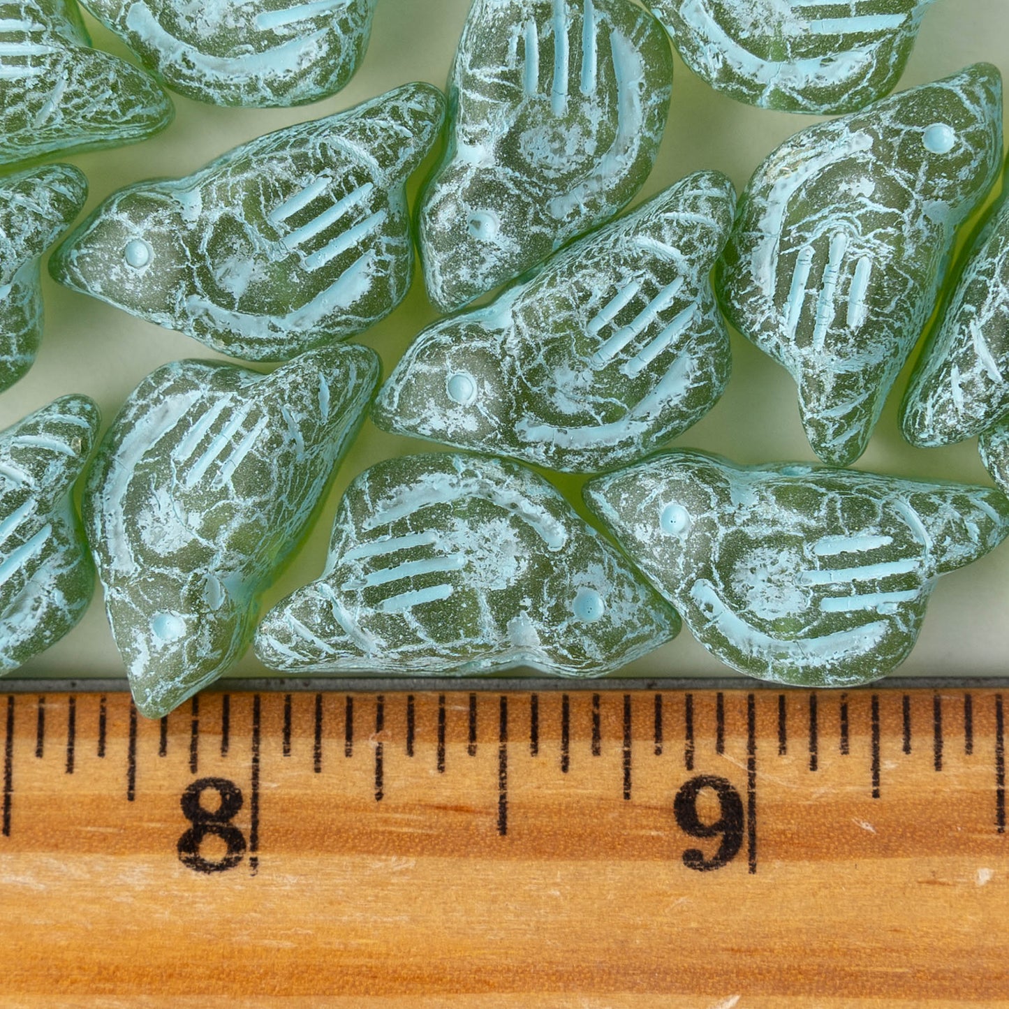 Glass Bird Beads - Green with Seafoam Wash - 2 or 6 beads