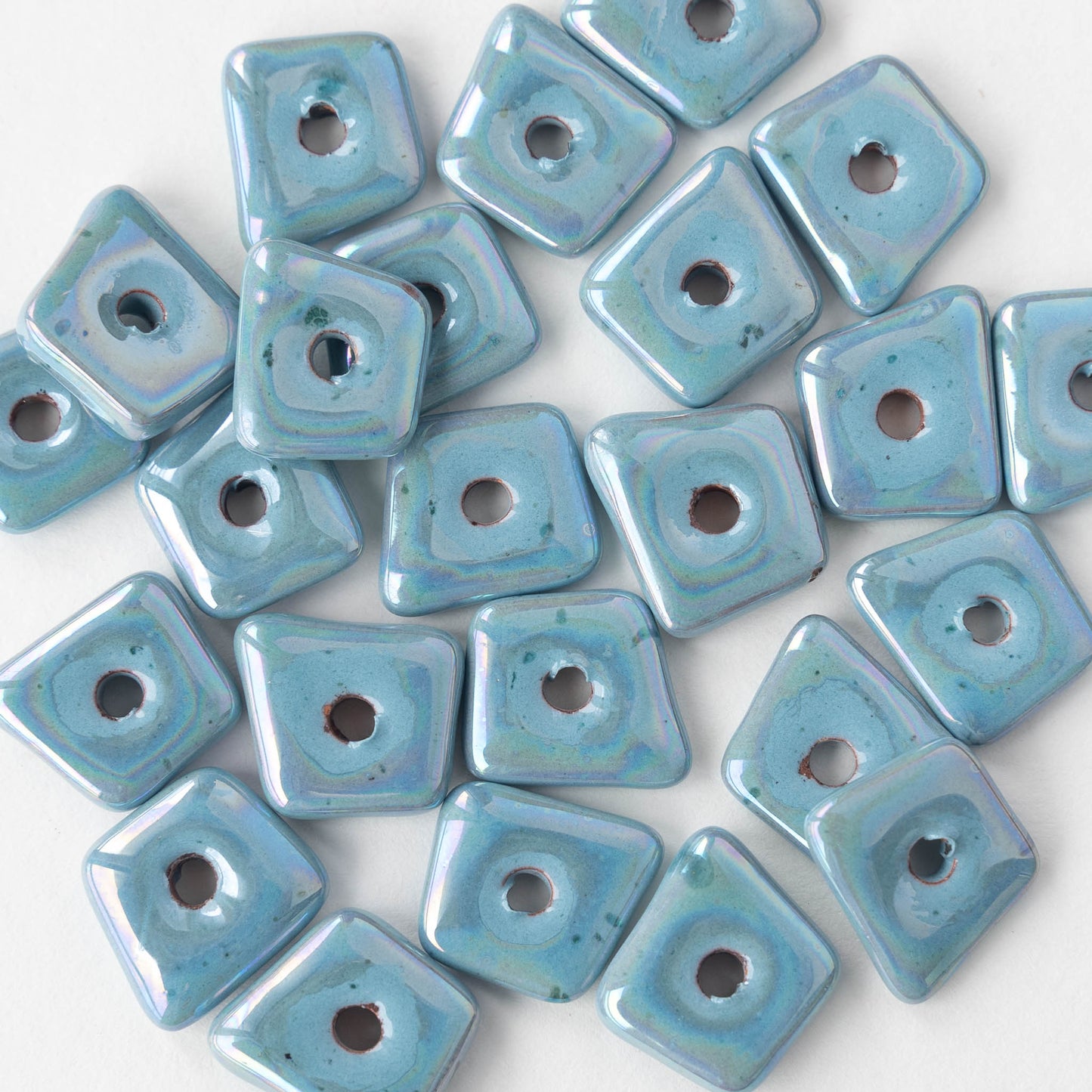 13-14mm Glazed Ceramic Irregular Square Tiles - Opaque Blue Iridescent  - 10 or 30