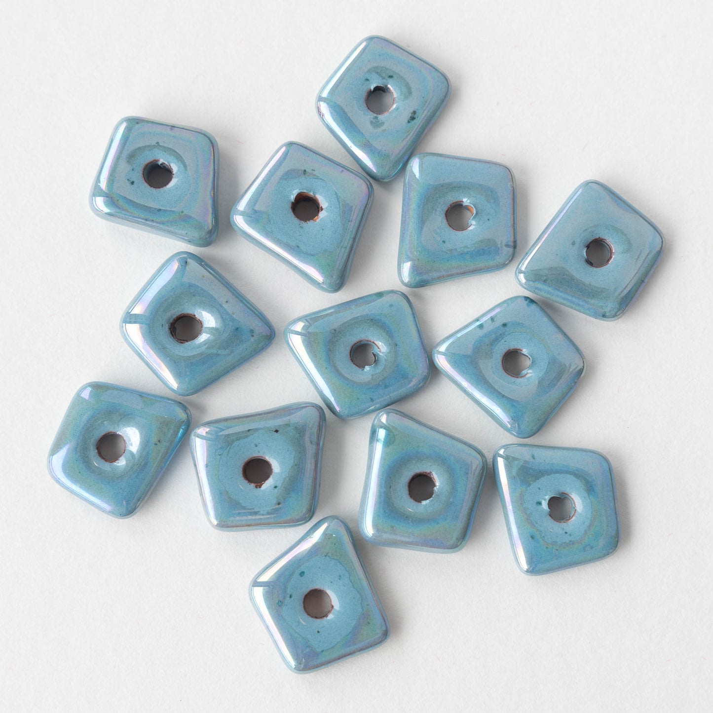 13-14mm Glazed Ceramic Irregular Square Tiles - Opaque Blue Iridescent  - 10 or 30