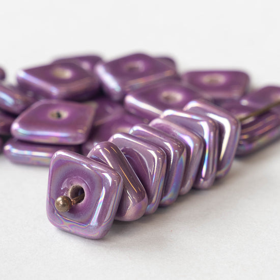 13-14mm Glazed Ceramic Irregular Square Tiles - Iridescent Purple Passion - 10 or 30