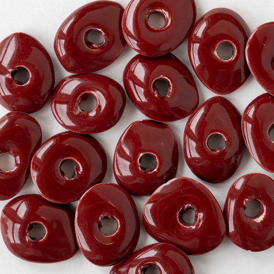 Glazed Ceramic Disk Beads - Red - 10 or 30 beads