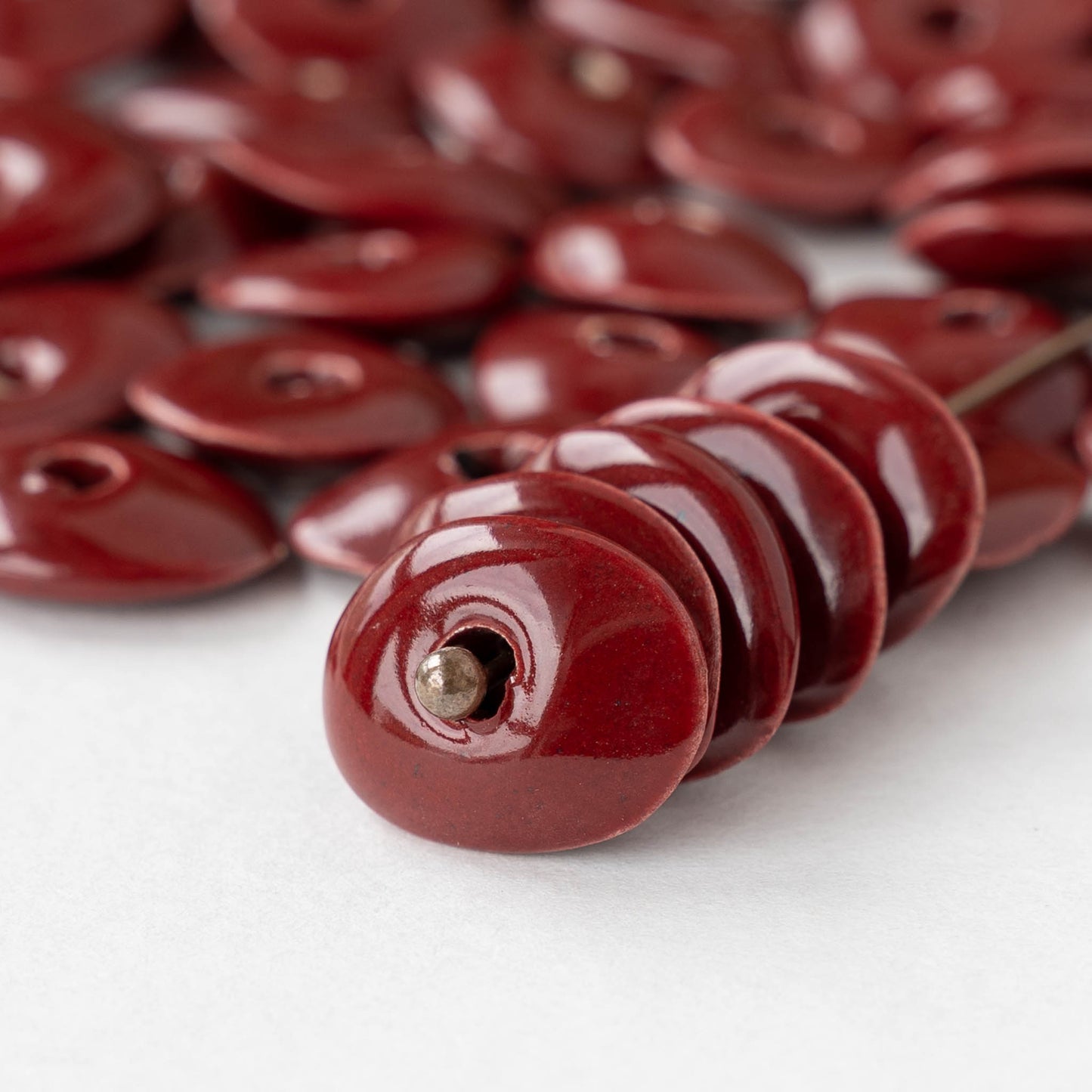 Glazed Ceramic Disk Beads - Red - 10 or 30 beads