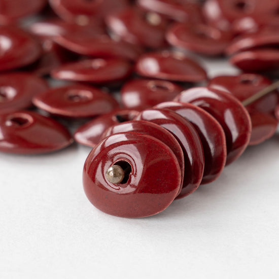 Glazed Ceramic Disk Beads - Red - 10 or 30 beads