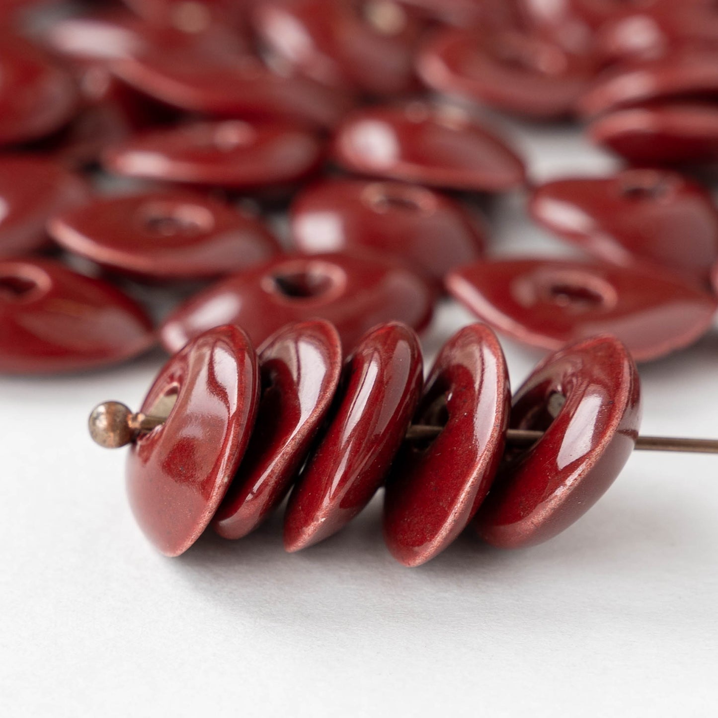 Glazed Ceramic Disk Beads - Red - 10 or 30 beads
