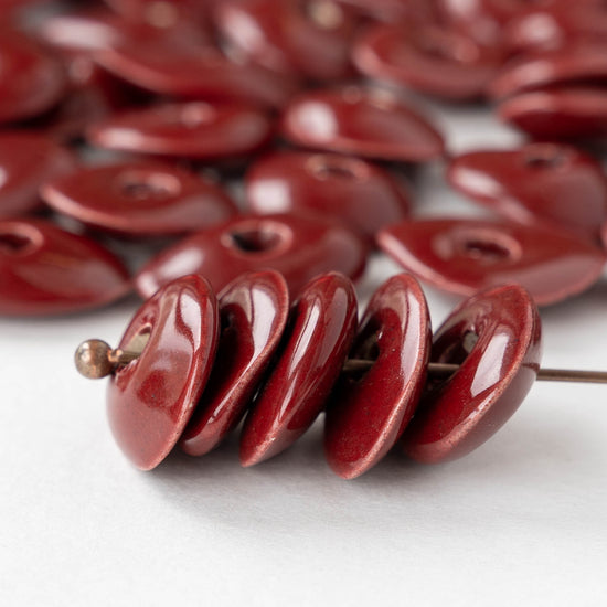 Glazed Ceramic Disk Beads - Red - 10 or 30 beads