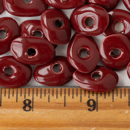 Glazed Ceramic Disk Beads - Red - 10 or 30 beads