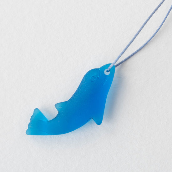 Frosted Glass Dolphin Pendant - Azure Blue - 4 Beads