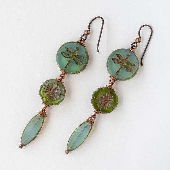 Dragonfly Flower Dangle Earrings - Opaline Seafoam