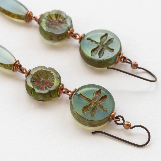 Dragonfly Flower Dangle Earrings - Opaline Seafoam