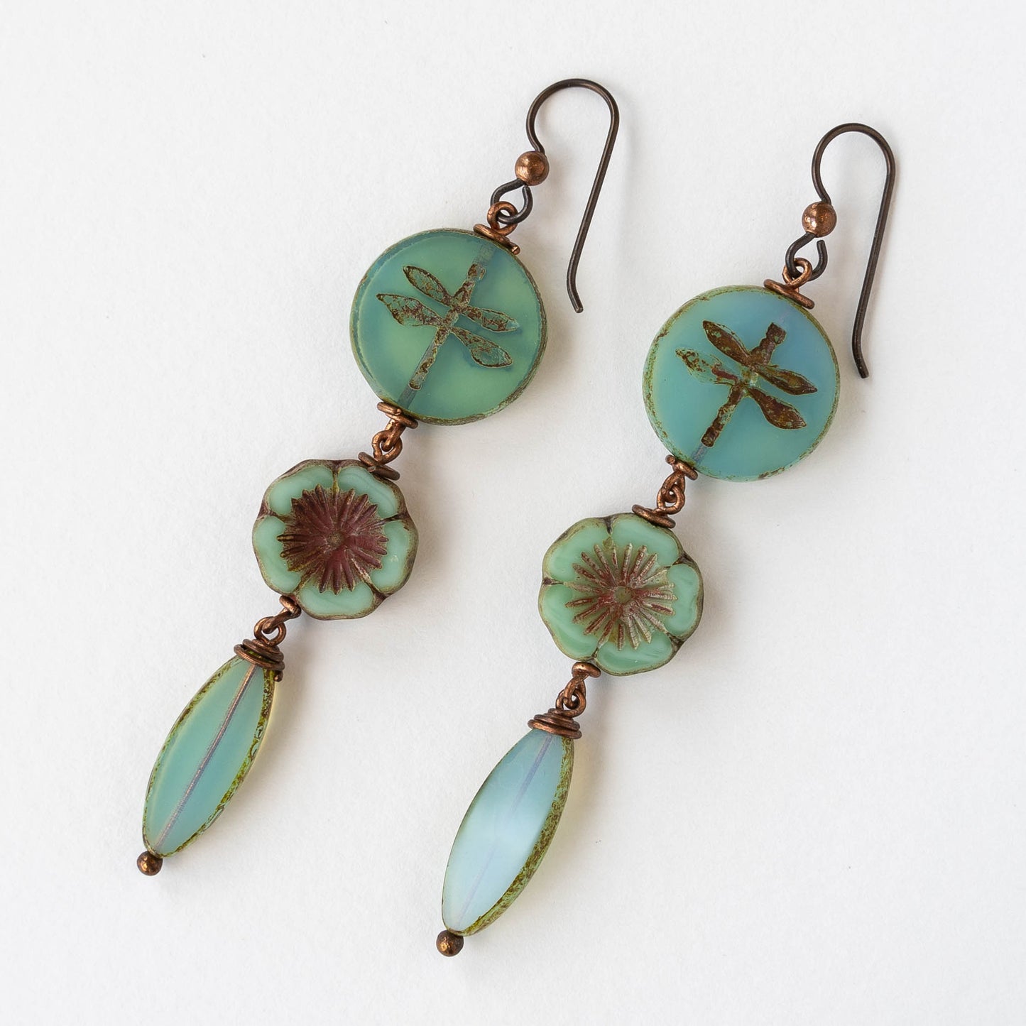 Dragonfly Flower Dangle Earrings | Opaline Seafoam and Opaque Aqua