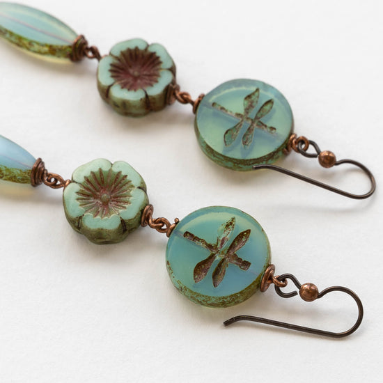 Dragonfly Flower Dangle Earrings | Opaline Seafoam and Opaque Aqua