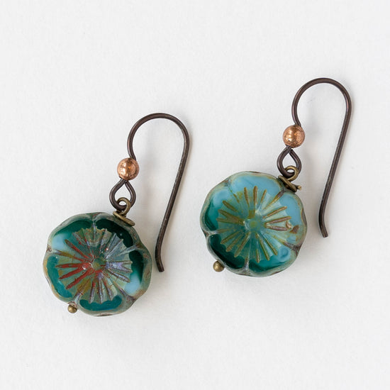 Glass Flower Earrings - Teal and Aqua