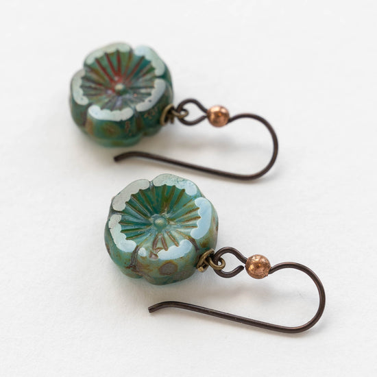 Glass Flower Earrings - Teal and Aqua