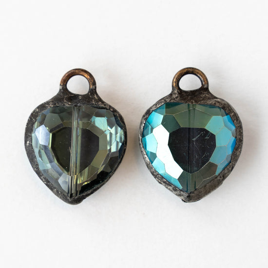 Soldered Faceted Crystal Heart Pendant - Blue Green Gray - 22mm - 1 piece