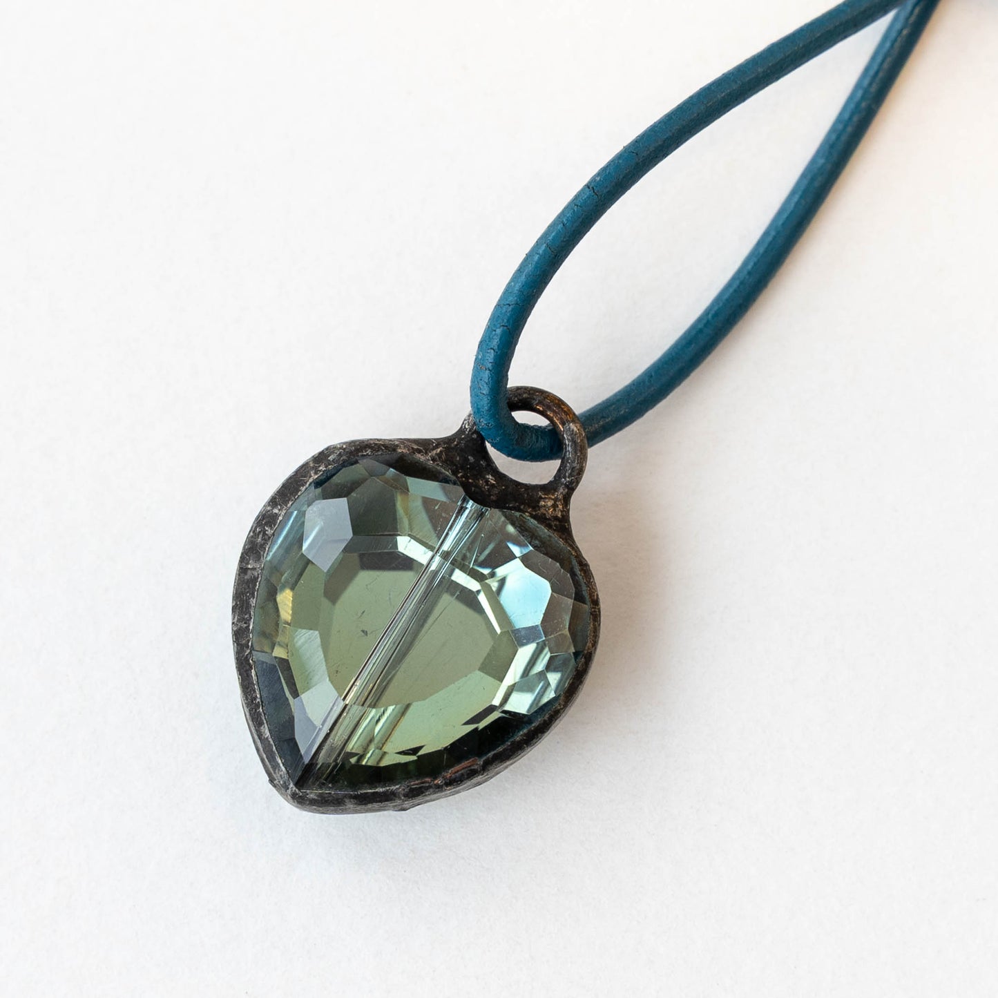 Soldered Faceted Crystal Heart Pendant - Blue Green Gray - 22mm - 1 piece