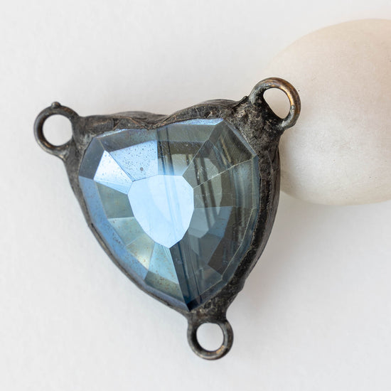 Faceted Crystal Heart 3-Hole Connector - Blue - 1 piece