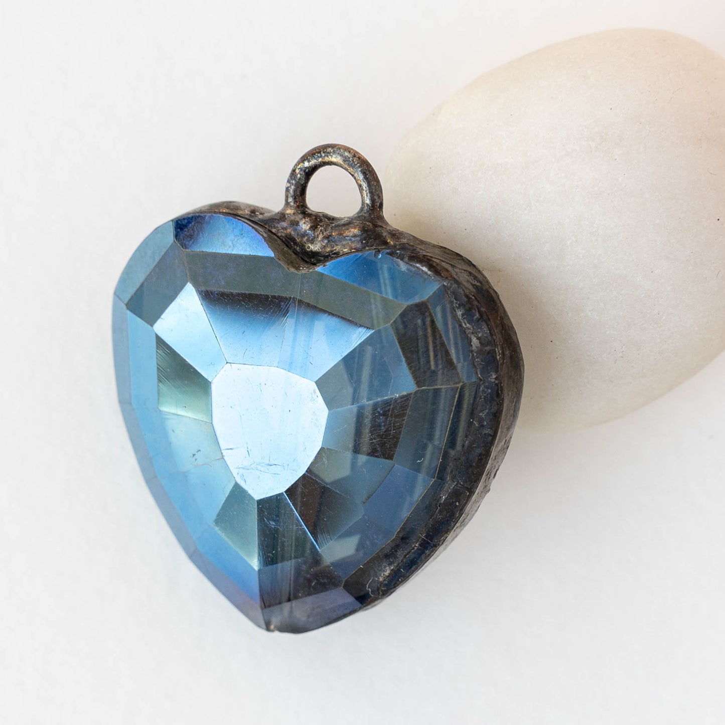 Soldered Faceted Crystal Glass Heart Pendant - Blue - 1 piece