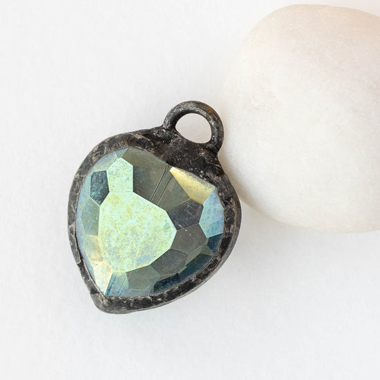 Soldered Faceted Crystal Glass Heart Pendant - Green - 1 piece