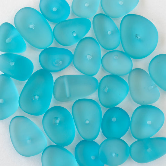 8-13mm Frosted Glass Pebbles - Aqua Blue ~ 50 Beads