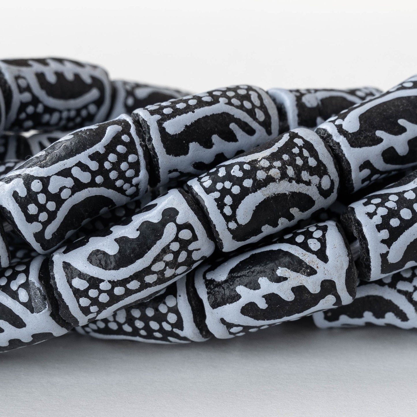 Painted Tube Beads From Ghana Africa - Large Hole - Black - 15 Beads