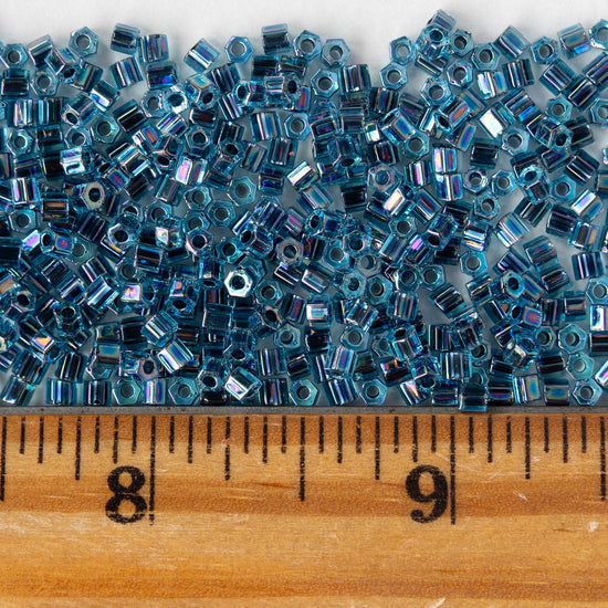 8/0 Hex Cut Seed Beads - Blue Lined Aqua AB - 20 grams