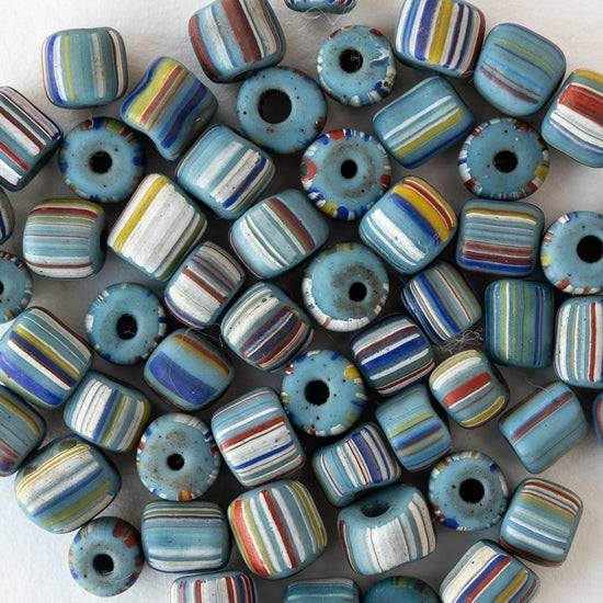 Glass Java Beads - Blue Stripe Mix - Whole or Half Strand