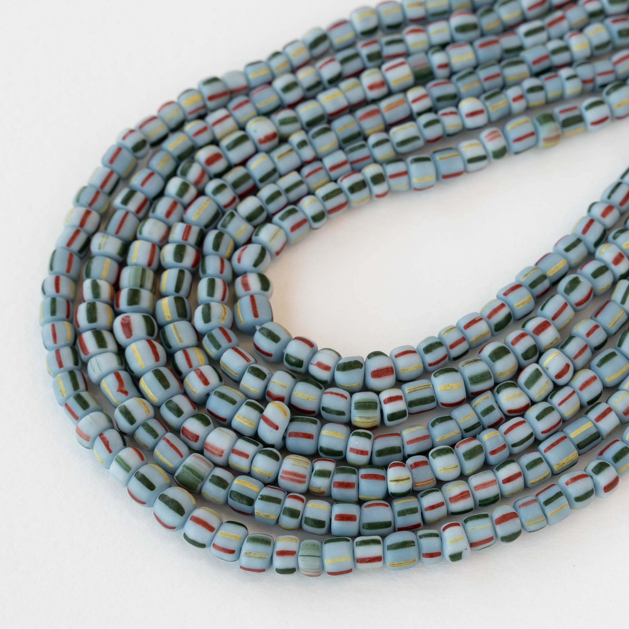 Glass Java Beads - Light Blue with Red Green Yellow Stripes - Whole or ...