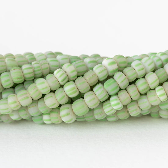 Glass Java Beads - Opaque White with Green Stripes - Whole or Half Strand