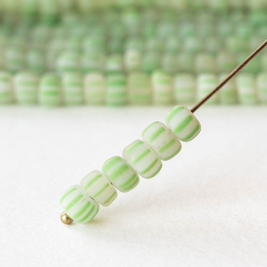 Glass Java Beads - Opaque White with Green Stripes - Whole or Half Strand